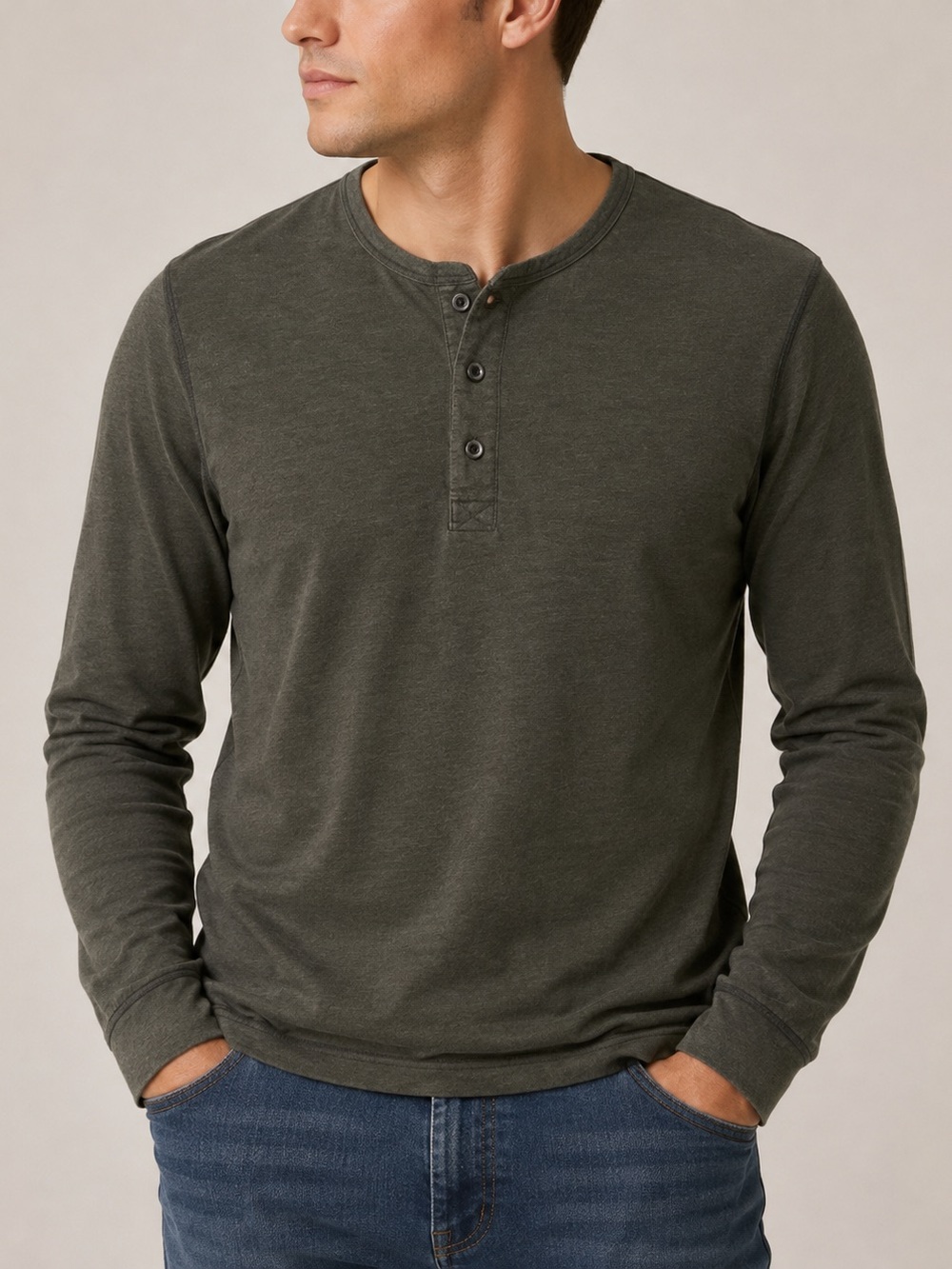 Old Navy Men's Long-Sleeve Henley Shirt - Olive 3 button Casual